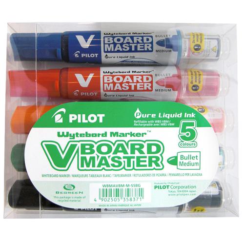 75699PT | Pilot's V BOARD MASTER is a high quality bullet tip marker which is made from 91% recycled plastic. Features include vivid coloured, smooth flowing liquid ink which can be easily erased from all types of whiteboard surfaces using a cloth. The unique twin-pipe feeder system delivers exceptional performance right down to the last drop. Containing no xylene or similar solvents, it is also refillable, meaning that one V BOARD MASTER can last much longer than other markers. The V BOARD MASTER is also odour-free.