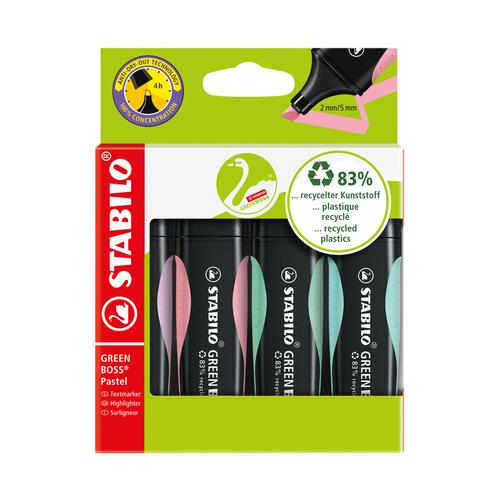 STABILO GREEN BOSS Pastel Highlighter Pen Chisel tip 2-5mm Line Assorted Colours (Pack 4) 6070/4-2