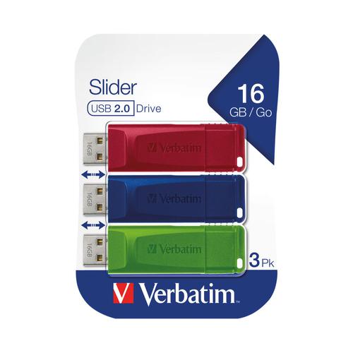 Verbatim Slider USB 2.0 3 x 16GB (Red / Blue / Green) 49326