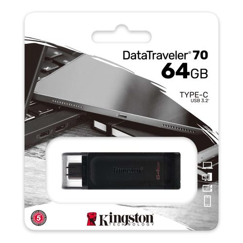 8KIDT7064GB | Kingston’s DataTraveler 70 is a portable and lightweight USB-C flash drive that features USB 3.2 Gen 1 speeds. It’s designed to be used with compatible USB-C devices such as notebooks, laptops, tablets and phones. With capacities of up to 128GB, the DataTraveler 70 is more than capable of expanding your storage for everyday use. It comes backed with a 5-year warranty and free tech support.