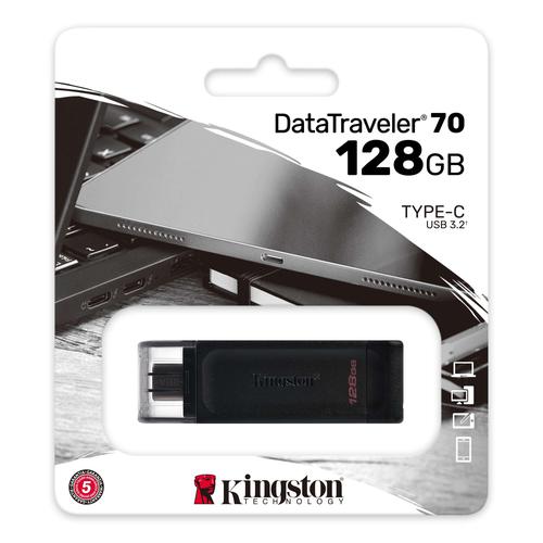 8KIDT70128GB | Kingston’s DataTraveler 70 is a portable and lightweight USB-C flash drive that features USB 3.2 Gen 1 speeds. It’s designed to be used with compatible USB-C devices such as notebooks, laptops, tablets and phones. With capacities of up to 128GB, the DataTraveler 70 is more than capable of expanding your storage for everyday use. It comes backed with a 5-year warranty and free tech support.