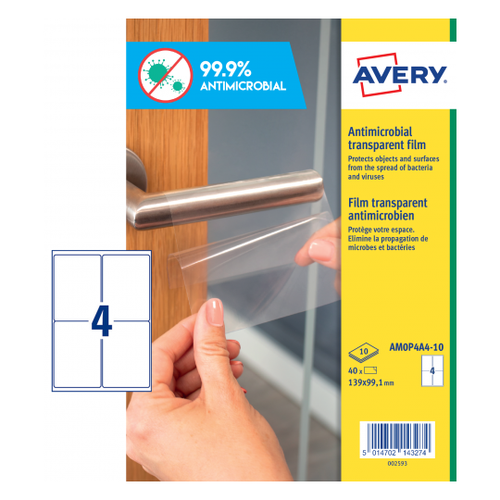 Avery Antimicrobial Film Label Permanent 139mmx99.1mm 4 Per A4 Sheet Clear (Pack 40 Labels)