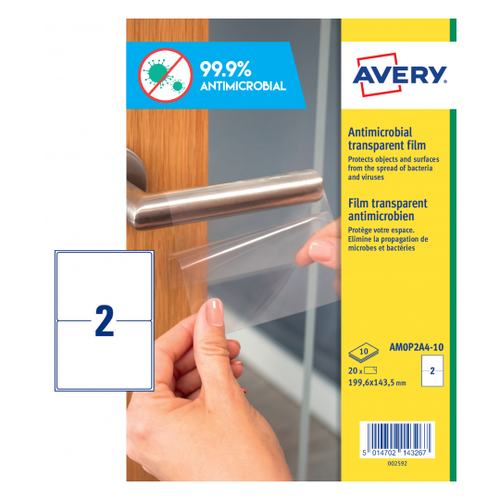 Avery Antimicrobial Film Label Permanent 199.6x143.5mm 2 Per A4 Sheet Clear (Pack 20 Labels)