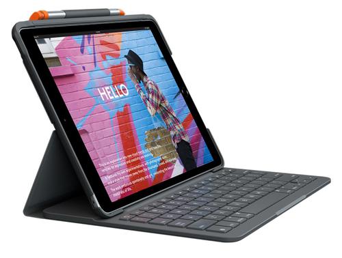8LO920009480 | Now you can enjoy laptop-like typing anywhere. This all-in-one case is easy to use and carry around, all while keeping your iPad safe from bumps, scratches, and spills. No matter where you need to get your work done — the backyard, a desk, or even your lap — Slim Folio locks your iPad at an optimal angle for typing, viewing, or sketching.Slim Folio offers three unique modes to help you accomplish any task.Type Mode: Just dock the keyboard upright and type away.Sketch Mode: Collapse the iPad screen to take notes or draw with Logitech Crayon®.Read Mode: Fold the keyboard back to read books, articles, and more.Enjoy hours of comfortable, flexible typing thanks to large, well-spaced keys stretched edge-to-edge so your hands won’t feel crowded. Our premium keyboards are designed to deliver the perfect bounce every time you press a key for fast, accurate typing. With a full row of shortcut keys, you can perform your favourite iOS-specific actions and optimise your productivity.n Type Mode, Slim Folio holds your iPad at a 58 degree angle that’s great for getting work done with the keyboard. Collapse the case and Slim Folio will hold your iPad at a comfortable 10 degree angle that’s optimal for viewing your favourite shows, handwriting notes, drawing, and more.