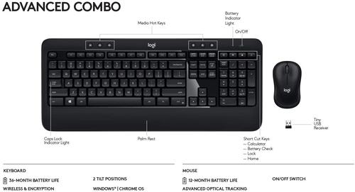 LOG920-008805 | The Advanced Combo is an instantly familiar wireless keyboard and mouse combo built for precision, comfort, and reliability. The full-size keyboard features a familiar key shape, size, and feeling – and the contoured and ambidextrous mouse has been designed to fit comfortably into either palm.