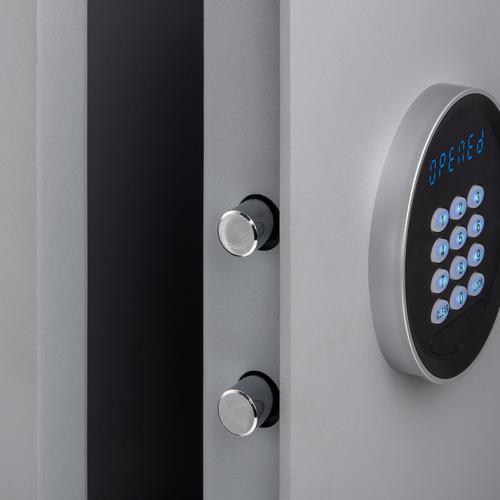 This electronic key safe can hold up to 120 keys and comes with a user-friendly electronic lock with LED display, which can be programmed with your own code. The spring hinge door ensures effortless opening and the deposit aperture allows for key deposit. Ideal for retail, office and home use, the key safe can be bolted to the wall. It comes in a stylish light grey finish with a red carpeted base and is supplied with colour coded hook bars, tabs and rings, batteries and fixing bolts.
