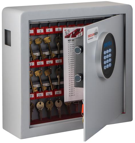 This electronic key safe can hold up to 38 keys and comes with a user-friendly electronic lock with LED display, which can be programmed with your own code. The spring hinge door ensures effortless opening and the deposit aperture allows for key deposit. Ideal for retail, office and home use, the key safe can be bolted to the wall. It comes in a stylish light grey finish with a red carpeted base and is supplied with colour coded hook bars, tabs and rings, batteries and fixing bolts.