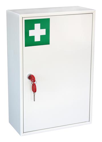 SEC22319 | Designed to protect and control the movements of drugs, this 1.5mm steel medical cabinet with a flush closing door and an internal lockable compartment will keep them safe and secure. Complete with a security cam lock and two keys, the medium sized cabinet has a removable shelf and features an easy to clean, gloss painted finish. Measuring H450 x W300 x D140mm, the cabinet is supplied in white.