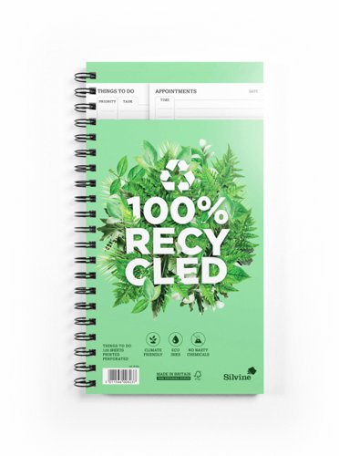Silvine Recycled Wirebound Things To-Do Book 280 x 150mm 120 Sheets 100% Recycled Paper Green (Pack 5) - R106
