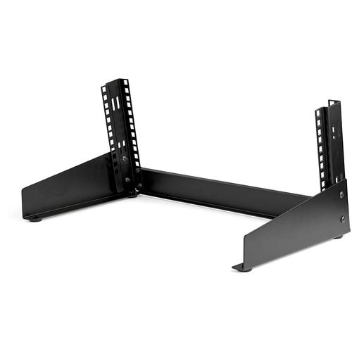 This open frame desktop rack provides 4U of storage space for mounting smaller A/V and IT equipment. Save money with a low-cost mounting solution With this 2 post data rack, you can mount equipment at a fraction of the cost of conventional racks. The floor standing rack is engineered to meet EIA-310 rack-mount standards and is constructed of solid steel, ensuring a sturdy and safe mounting solution for your mission-critical equipment. Improve efficiency and accessibility in your office or server room The 4u desktop rack features an open frame, free standing design that saves space with a small footprint. It gives you the ability to place rack-mount equipment on any surface in your office, such as your desk. This makes it easy to access your equipment on a frequent basis. Hassle-free setup The free standing network rack is easy to assemble and includes a pack of 16 M5 screws and cage nuts. If you're looking for a desktop mounting solution with more rack units, StarTech.com also offers 8U and 12U 2-post desktop computer racks. The RK4OD is backed by a StarTech.com lifetime warranty and free technical support. 
