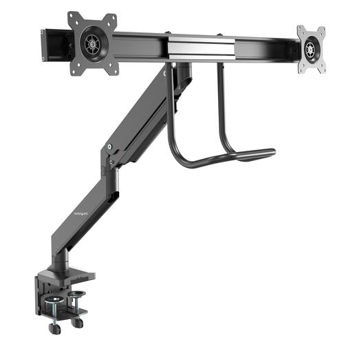 This Dual Monitor Arm lets you mount two 17'' to 32'' VESA mount monitors, each weighing up to 17.6 lb. (8 kg), onto a single low-profile base. It gives you flexible desk-clamp or grommet-hole mounting, letting you save space while creating an ergonomic workspace in any office environment.With a stable crossbar design, the adjustable height dual monitor stand lets you create more usable work space by mounting your monitors side by side on a single base.The computer screen stand features one-touch height adjustment. The smooth +/- 10° tilt motion and +/- 10° swivel of the individual monitors make it easy to find the optimal viewing angle. You can also rotate each display 360° for portrait or landscape viewing and laterally adjusted along the crossbar length.The adjustable dual monitor mount is easy to install, with the desk-clamp or grommet mount (hardware included). Integrated cable management keeps your workspace organized. It works well with most desks, including sit-stand workstations.StarTech.com conducts thorough compatibility and performance testing on all our products to ensure we are meeting or exceeding industry standards and providing high-quality products to IT Professionals. Our local StarTech.com Technical Advisors have broad product expertise and work directly with our StarTech.com Engineers to provide support for our customers both pre and post-sales.ARMSLMBARDUO is backed by a 5-year StarTech.com warranty and free lifetime technical support.