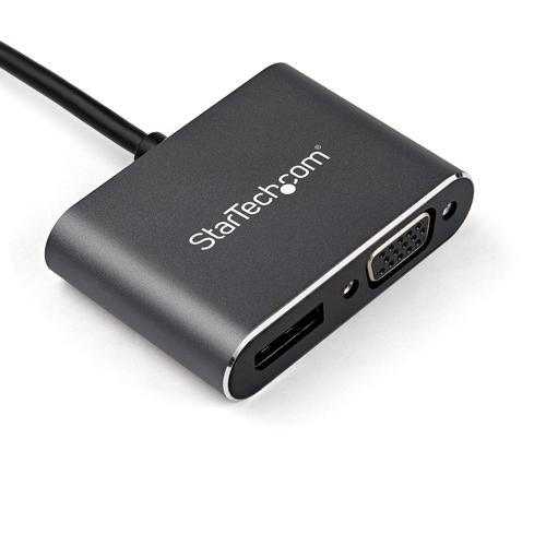 This USB-C multiport video adapter offers a portable solution for connecting your USB Type-C laptop to a DisplayPort or VGA display.  The adapter supports High Dynamic Range (HDR) and provides sharper images with enhanced video.   Two-in-One Video Connectivity with Travel in Mind    Avoid the hassle of carrying different adapters, with a 2-in-1 USB-C monitor adapter. Featuring both DisplayPort and VGA outputs, you can conveniently connect your laptop to any DP or VGA-equipped display, using this multiport adapter.   The adapter features a durable aluminium enclosure and can withstand being carried in your travel bag.   Astonishing 4K Picture Quality and HDR   The DisplayPort output on this USB-C video adapter lets you harness the audio and video capabilities that are built into your computer's USB-C connection, delivering the astonishing quality of UHD to your 4K 60Hz display. Plus, the VGA output supports HD resolutions up to 1920 x 1080, ensuring you won’t have to sacrifice picture quality when connected to a VGA monitor or projector.  With HDR support, you can enjoy lifelike images with increased contrast, brightness and colours and greater luminosity than standard digital imaging.  Stylish Connectivity for Your MacBook, MacBook Pro, or Any Laptop   The USB-C display adapter has a Space Gray housing and built-in USB-C cable designed to match your Space Gray MacBook or MacBook Pro. The adapter is compatible with USB-C DP Alt Mode devices.   CDP2DPVGA is backed by a 3-year StarTech.com warranty and free lifetime technical support.  Note: This adapter only supports a single display - you are not able to output DisplayPort and VGA video simultaneously. 