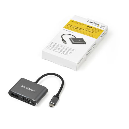 This USB-C multiport video adapter offers a portable solution for connecting your USB Type-C laptop to a DisplayPort or VGA display.  The adapter supports High Dynamic Range (HDR) and provides sharper images with enhanced video.   Two-in-One Video Connectivity with Travel in Mind    Avoid the hassle of carrying different adapters, with a 2-in-1 USB-C monitor adapter. Featuring both DisplayPort and VGA outputs, you can conveniently connect your laptop to any DP or VGA-equipped display, using this multiport adapter.   The adapter features a durable aluminium enclosure and can withstand being carried in your travel bag.   Astonishing 4K Picture Quality and HDR   The DisplayPort output on this USB-C video adapter lets you harness the audio and video capabilities that are built into your computer's USB-C connection, delivering the astonishing quality of UHD to your 4K 60Hz display. Plus, the VGA output supports HD resolutions up to 1920 x 1080, ensuring you won’t have to sacrifice picture quality when connected to a VGA monitor or projector.  With HDR support, you can enjoy lifelike images with increased contrast, brightness and colours and greater luminosity than standard digital imaging.  Stylish Connectivity for Your MacBook, MacBook Pro, or Any Laptop   The USB-C display adapter has a Space Gray housing and built-in USB-C cable designed to match your Space Gray MacBook or MacBook Pro. The adapter is compatible with USB-C DP Alt Mode devices.   CDP2DPVGA is backed by a 3-year StarTech.com warranty and free lifetime technical support.  Note: This adapter only supports a single display - you are not able to output DisplayPort and VGA video simultaneously. 
