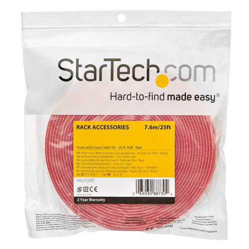 This 25 ft. roll of hook and loop makes it easy to keep your cables neat and tidy by binding them together or binding them to a structure.This roll of hook and loop fastener straps offers a quick and easy solution for bundling cables together and securing your cables for better routing. Help protect your equipment by reducing cable tension and preventing excessive heat caused by unorganized cables restricting airflow.You can cut the roll of hook and loop fastener fabric to size using household scissors, meaning you can choose the perfect length for your specific application. While the most common use for this hook-and-loop fabric is binding and routing cables, you can also use it for other materials in your IT environment such as tools or raceways. The reusable tie wraps are easy to remove and adjustable, avoiding the hassle and waste of traditional zip ties.StarTech.com conducts thorough compatibility and performance testing on all our products to ensure we are meeting or exceeding industry standards and providing high-quality products to IT Professionals. Our local StarTech.com Technical Advisors have broad product expertise and work directly with our StarTech.com Engineers to provide support for our customers both pre and post-sales.This roll of cable tie is backed by a StarTech.com 2-year warranty and free lifetime technical support.