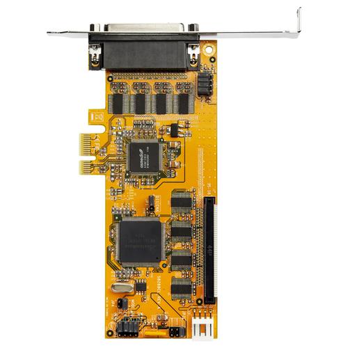 8ST10276794 | Add eight RS-232 DB9 serial ports to your desktop computer, through two PCIe expansion card slots. This PCI express serial card, with two breakout cables, provides you with multiple ports to connect a wide variety of serial peripherals, at speeds of up to 921.4Kbps.Connect your Peripherals with 8 Serial PortsThe PCI express serial port card makes it easy to add serial ports to connect your peripherals including printers, scanners, credit/debit card readers, PIN pads and modems, industrial controls and more. The 8 port PCIe serial card includes 2 breakout cables - each with 4 DB9 connectors.Versatile UseThe low profile PCIe serial card is the ideal choice for adding serial ports, even when space is at a premium. The DB9 serial card is designed to fit into small form factor and standard computer cases. The card comes pre-configured with a low-profile bracket, and includes two optional full-profile brackets, so installation is easy regardless of the case form factor.Maximum CompatibilityWith broad OS support, including for Windows and Linux, this PCI Express card is easy to integrate into mixed environments.PEX8S1050LP?is backed by a StarTech.com lifetime warranty and free lifetime technical support.