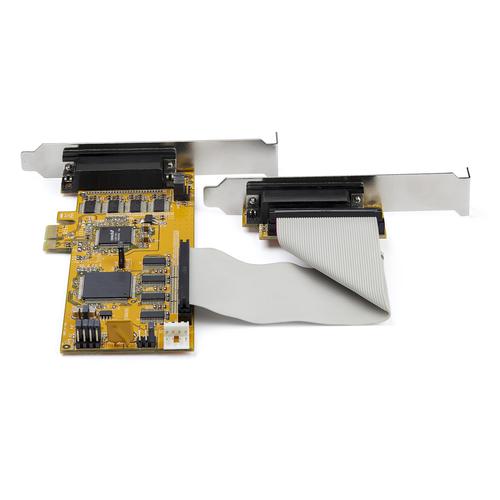 Add eight RS-232 DB9 serial ports to your desktop computer, through two PCIe expansion card slots. This PCI express serial card, with two breakout cables, provides you with multiple ports to connect a wide variety of serial peripherals, at speeds of up to 921.4Kbps.Connect your Peripherals with 8 Serial PortsThe PCI express serial port card makes it easy to add serial ports to connect your peripherals including printers, scanners, credit/debit card readers, PIN pads and modems, industrial controls and more. The 8 port PCIe serial card includes 2 breakout cables - each with 4 DB9 connectors.Versatile UseThe low profile PCIe serial card is the ideal choice for adding serial ports, even when space is at a premium. The DB9 serial card is designed to fit into small form factor and standard computer cases. The card comes pre-configured with a low-profile bracket, and includes two optional full-profile brackets, so installation is easy regardless of the case form factor.Maximum CompatibilityWith broad OS support, including for Windows and Linux, this PCI Express card is easy to integrate into mixed environments.PEX8S1050LP?is backed by a StarTech.com lifetime warranty and free lifetime technical support.