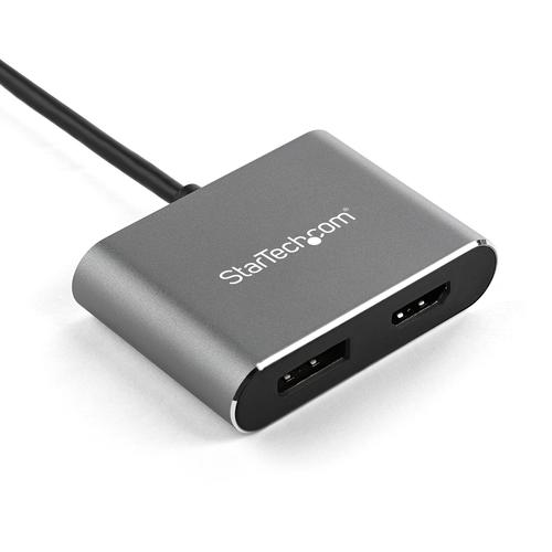 This USB-C multiport video adapter offers a portable solution for connecting your USB Type-C laptop to an HDMI or DisplayPort display. The adapter supports High Dynamic Range (HDR) and provides sharper images with enhanced video.Two-in-One Video Connectivity with Travel in MindAvoid the hassle of carrying different adapters, with a 2-in-1 USB-C monitor adapter. The multiport adapter features both HDMI and DisplayPort outputs, so you can conveniently connect your laptop to any HDMI or DP-equipped display, using this multiport adapter.The adapter features a durable aluminium enclosure and can withstand being carried in your travel bag.Astonishing 4K Picture Quality and HDRThe HDMI and DisplayPort outputs on this USB-C video adapter lets you harness the audio and video capabilities that are built into your computer's USB-C connection, delivering the astonishing quality of UHD to your 4K 60Hz display. This makes it easier for you to multitask while working on the most resource-demanding applications imaginable.With HDR support, you can enjoy lifelike images with increased contrast, brightness and colours and greater luminosity than standard digital imaging.Stylish Connectivity for Your MacBook, MacBook Pro, or Any LaptopThe USB C display adapter has a Space Gray housing and built-in USB-C cable designed to match your Space Gray MacBook or MacBook Pro. The adapter is compatible with USB-C DP Alt Mode devices.CDP2DPHD is backed by a 3-year StarTech.com warranty and free lifetime technical support.Note: This adapter only supports a single display - you are not able to output DisplayPort and HDMI video simultaneously.