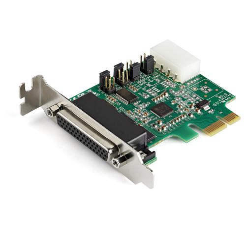 8ST10288031 | This PCI Express RS232 serial adapter card lets you add four RS232 (DB9) serial ports to your computer through a PCI Express (PCIe) slot. The 4 port PCIe serial card enables you to interact with serial devices, such as card readers, printers, PIN pads, and modems, at speeds of up to 921.6Kbps. Maximum Compatibility With broad OS support, including for Windows and Linux, this PCI E serial card is easy to integrate into mixed environments. The card comes pre-configured with low-profile brackets and includes optional full-profile brackets, so installation is easy regardless of the case form factor. This card is a direct replacement for PEX4S952LP.  PEX4S03LP is backed by a StarTech.com lifetime warranty and free lifetime technical support.