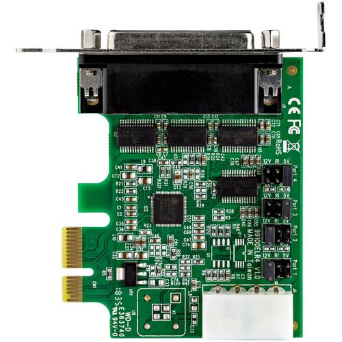 This PCI Express RS232 serial adapter card lets you add four RS232 (DB9) serial ports to your computer through a PCI Express (PCIe) slot. The 4 port PCIe serial card enables you to interact with serial devices, such as card readers, printers, PIN pads, and modems, at speeds of up to 921.6Kbps. Maximum Compatibility With broad OS support, including for Windows and Linux, this PCI E serial card is easy to integrate into mixed environments. The card comes pre-configured with low-profile brackets and includes optional full-profile brackets, so installation is easy regardless of the case form factor. This card is a direct replacement for PEX4S952LP.  PEX4S03LP is backed by a StarTech.com lifetime warranty and free lifetime technical support.