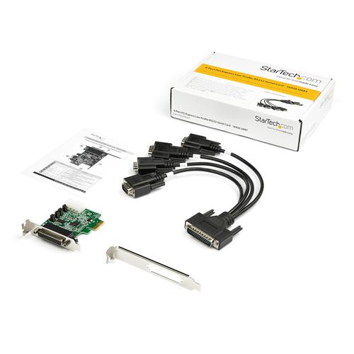 This PCI Express RS232 serial adapter card lets you add four RS232 (DB9) serial ports to your computer through a PCI Express (PCIe) slot. The 4 port PCIe serial card enables you to interact with serial devices, such as card readers, printers, PIN pads, and modems, at speeds of up to 921.6Kbps. Maximum Compatibility With broad OS support, including for Windows and Linux, this PCI E serial card is easy to integrate into mixed environments. The card comes pre-configured with low-profile brackets and includes optional full-profile brackets, so installation is easy regardless of the case form factor. This card is a direct replacement for PEX4S952LP.  PEX4S03LP is backed by a StarTech.com lifetime warranty and free lifetime technical support.