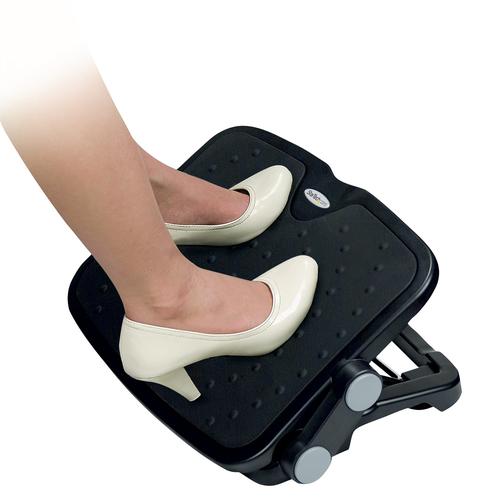 This adjustable under-desk foot rest helps to increase your comfort and productivity, by keeping you ergonomically positioned throughout the day. It’s a cost-effective way to modify your workstation. You can customize your foot rest to your most comfortable position by easily adjusting the height and angle at any time.Adjustable features for greater comfortProper alignment of your feet and back helps you to work in greater comfort all day. The under-desk foot rest helps you maintain better posture by customizing your work setup.The foot rest features a large platform that's designed to accommodate a wide range of user needs. It is ideally sized at 18 in. x 14 in. (45cm x 35cm) to provide daily comfort and also fit easily under your desk. You can quickly adjust the height of the foot rest from 3.7 inches to 4.8 inches.With a simple push on the platform, you can also adjust the angle of your foot rest, with two tilt positions: 0° to 15° and 0° to 30°. These adjustable features allow you to personalize your workstation for greater comfort.Increase movement while sittingThe rocking design lets you exercise your feet back and forth, helping to stretch your ankles and calves. The foot rest elevates your feet to improve your blood circulation and reduce fatigue.Non-slip rubberized surfaceThe rubberized platform surface prevents your feet from slipping off the footrest. The massage bumps help to soothe your feet during extended periods of sitting. The FTRST1 is backed by a StarTech.com 5-year warranty and free lifetime technical support.