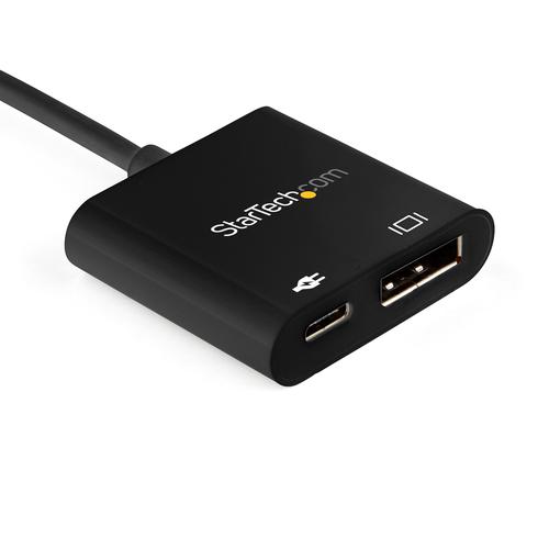 This USB-C™ to DisplayPort™ adapter lets you connect your USB Type-C or Thunderbolt 3 device to a DisplayPort display, providing you with a convenient, high-performance solution. The adapter features USB Power Delivery so you can power and charge your devices while outputting Ultra HD video. Power & Video with USB Power Delivery This USB-C display adapter supports USB Power Delivery up to 60 watts and features an additional USB-C port so you can charge your laptop or tablet using its USB-C power adapter. Incredible 8K Picture Quality Delivering cutting-edge picture quality, this 8K DisplayPort 1.4 adapter supports UHD resolutions up to 7680x4320, and also features HBR3 functionality, providing a bandwidth of up to 32.4Gbps. With HDR support, you can enjoy lifelike images with increased contrast, brightness and colours and greater luminosity than standard digital imaging. The DisplayPort dongle is also backward compatible with 4K and 1080p displays, which makes it a great accessory for home, office or other work environments, while future-proofing for 8K implementation. Ideal for Travel This lightweight display adapter is highly portable, with a small-footprint design. It's the perfect accessory for your MacBook, Microsoft Surface Book or other USB-C (or Thunderbolt 3) device, fitting perfectly into your carrying case. CDP2DP14UCPB is backed by a 3-year StarTech.com warranty and free lifetime technical support. Note:Your USB-C device must support DisplayPort Alternate Mode to work with this adapter.To achieve 8K resolutions, your source and your destination must support DisplayPort 1.4.