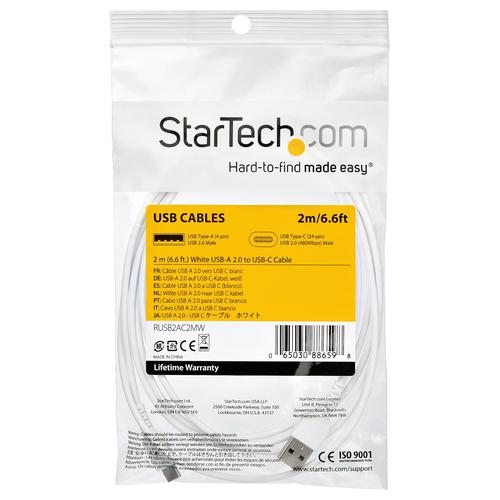 StarTech.com 2m White USB 2.0 to USB C Cable 60W