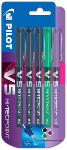 Pilot V5 Hi-Tecpoint Liquid Ink Rollerball Pen 0.5mm Tip 0.3mm Line 3 x Black/1 x Green/1 x Purple (Pack 5) - 3131910541127