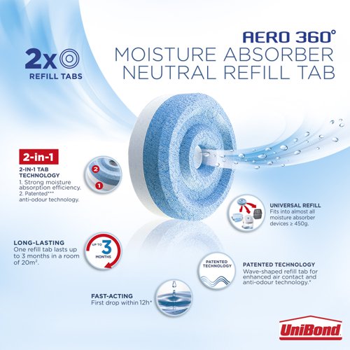 The UniBond Aero 360 Moisture Absorber needs refill tabs to absorb moisture and neutralise odours in the air. You can bring a fresh smelling scent to your home and workplace with these pure refills, fill the room with a pleasant fresh scent. This pack contains 2 pure refills.