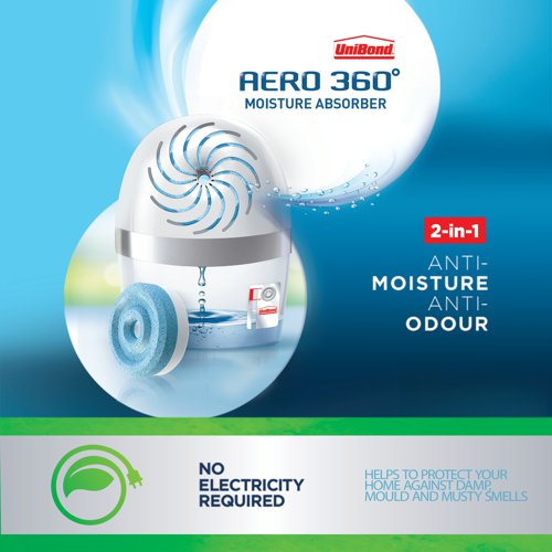 22630HK | The AERO 360 Degree dehumidifier and odour neutraliser effectively absorbs moisture to help create a comfortable indoor climate and prevent common damp problems such as condensation, mould and musty smells. Featuring innovative 2-in-1 refill tab technology, the moisture absorber not only reduces excess moisture but also neutralises odours.The AERO 360 Degree tab is comprised of ultra-active crystals and its patented wave-shaped surface enhances air exposure and circulation. Additionally, the tab includes patented anti-odour agents which capture and neutralise bad smells.The UniBond moisture absorber device also indicates when a refill is required, promising non-stop moisture control, and is made from 60 percent recycled plastic.