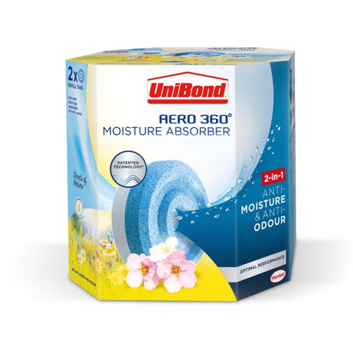 The UniBond Aero 360 Moisture Absorber needs refill tabs to absorb moisture and neutralise odours in the air. Offering a floral scent to the home and workplace these wild flower meadow refills will fill the room with a fresh scent. This pack contains 2 refills.