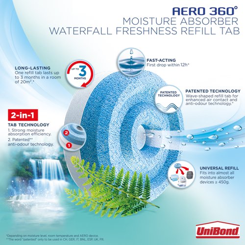The UniBond Aero 360 Moisture Absorber needs refill tabs to absorb moisture and neutralise odours in the air. Offering a floral scent to the home and workplace these wild waterfall freshness refills will fill the room with a fresh scent. This pack contains 2 refills.