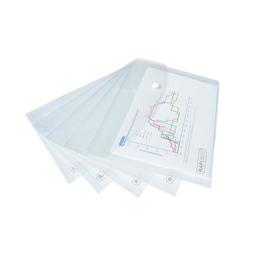 This A5 size Popper Wallet is ideal for use at the office, home or in education. It is popular as a general storage file for loose papers when attending meetings or for keeping papers tidy for filing. Its large capacity will hold up to 75 pages and it also features a fold-over flap with press-stud closure to keep papers secure. Under the curved flap you will also find a pen holder. Pack contains 25 clear popper wallets.