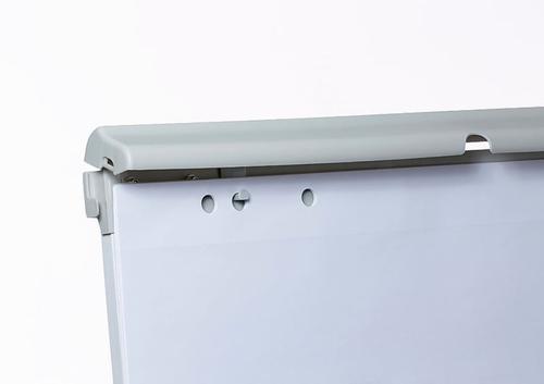 Mobile flipchart easel with spring-loaded support column for infinitely variable height adjustment. White-coated, magnetic and metallic whiteboard for use with dry-wipe whiteboard markers.