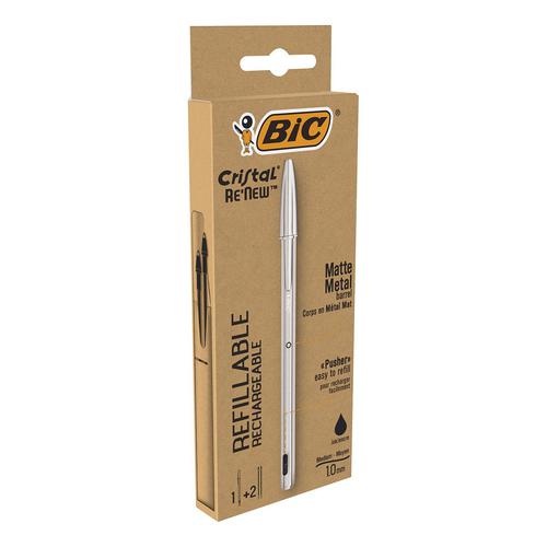78114BC | BIC Cristal Re'New is a premium and refillable ball pen with black ink and 2 refills to keep you writing for a very long time