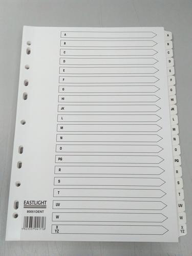 White board indexes with clear Mylar tabs and punched holes.