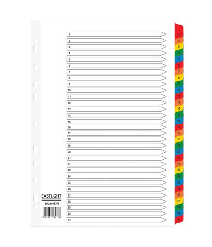 ValueX Index 1-31 A4 Card White 150gsm with Coloured Mylar Tabs - 80021DENT Printed File Dividers 85121PG