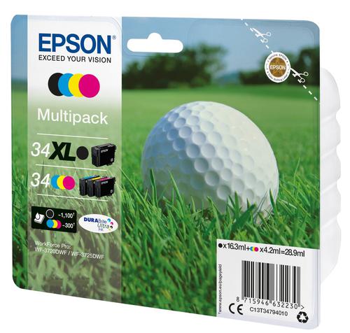 Epson 34XL Golf Ball Black Cyan Magenta Yellow High Yield Ink Cartridge Multipack 16.3ml + 3 x 4.2ml (Pack 4) - C13T34794010