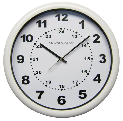 24576SS | 24 hour display wall clock with outer 12 hour and inner 24 hour dial. Plastic case with white face and hour, minute and second hands.