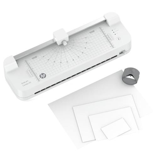 Compared to the HP OneLam 400 A3, the HP OneLam Combo A3 scores with an integrated cutter,  which makes it even easier to cut your documents in straight, curled or perforated format. Through use of the angle presets and centimetre grid, your laminated documents can easily be cut to the desired size. Like the other laminators in the HP OneLam range, this handy backloader is suitable for both hot and cold lamination. With a film thickness of 75/80 to 125 microns, you can protect your pictures, timetables or important documents from business cards up to A3 format from dirt and moisture.