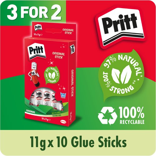 Pritt Original Glue Stick Sustainable Long Lasting Strong Adhesive Solvent Free Value Pack 11g (Pack 10) - Buy 2 Get 1 FREE - 1456040 X3