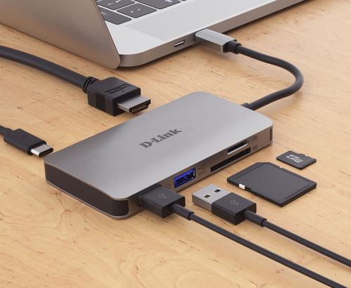 8DLDUBM610 | The DUB-M610 6-in-1 USB-C™ Hub with HDMI/Card Reader and Power Delivery lets you instantly add a second display, an SD card and microSD card reader, and two additional USB 3.0 ports to your computer.Where modern laptop designs are lacking in ports, D-Link’s DUB-M610 Hub allows you to easily upgrade your experience. Two USB 3.0 ports enable high-speed data transfer from phones and flash drives, or charging of portable devices. An HDMI port with up to Ultra HD 4K ensures optimal viewing pleasure and the SD/microSD dual card reader ensures your precious moments captured will forever be safe.
