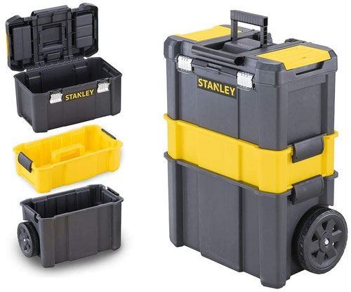 The Stanley 3 Tier Rolling Workshop is perfect for everyday storage. The mobile workshop is made up of 3 tiers. There is a large 18 inch removable tool box with integral compartmental organiser trays for small parts and accessories. The removable middle tote tray can store smaller tools and accessories. The large 18 inch bin is for larger tools and power tools. The unit has geometric metal latches, padlock loop for security and 7 inch wheels for portability.