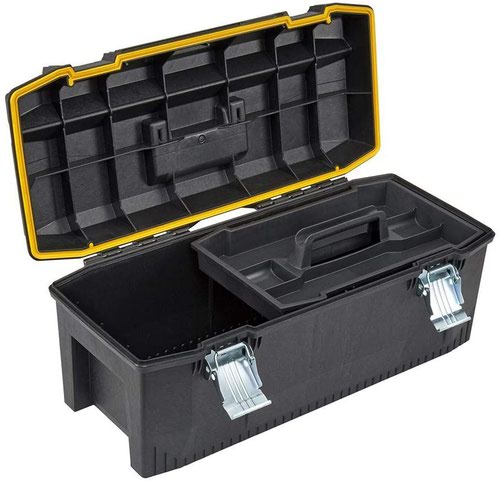 The Stanley FatMax Waterproof Toolbox is a new waterproof storage solution with all round water seal for the ultimate protection of equipment. The toolbox has been constructed of structural foam for extra strength and the tough ergonomic soft grip handle allows heavy loads to be carried with ease. The extra large storage capacity is ideal for large tools and accessories while the portable tote tray is designed to carry tools and small parts. The lid has an integrated V-Groove on top for sawing work, suitable for working with pipes and lumber. The toolbox has large metal rust proof latches with padlock for locking possibilities and measures 71x31.8x28.5cm in size.