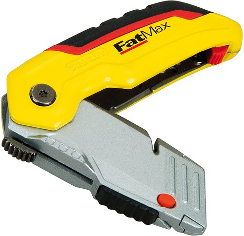 SB08250 | The Stanley FatMax Folding Retractable Safety Knife has an ergonomic, rugged design for heavy duty use. The folding knife provides safe and convenient pocket storage and has an instant blade change for speed of use. Complete with a soft grip handle and retractable blade for safety. The spare blades can be stored within the knife for convenience. Includes 3 spare blades.