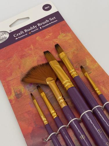 12167CB | This handy set of 6 brushes from Craft Buddy can be used for all sorts of crafts. From painting with watercolour, oil or acrylic paints, sealing Crystal Art, to fine detailing for embellishments. With a range of width and coverage, these brushes will cover it all!  To clean your brushes, simply wash them in warm water and rub between your fingers. Let air dry laid flat. 