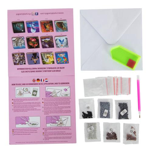 Crystal card kits are craft kits, ideal for children and adults, which enable you to make your own sparkly and beautiful crystal cards. The technique is similar to painting by numbers. Each crystal card design has a numbered, adhesive template. Using the amazing magic pencil (included), simply lift up the coloured crystals and place them on the corresponding numbered dots. They affix instantly! The technique is relaxing and therapeutic, and the result is a beautiful piece of rhinestone art which you can gift to loved ones. Crystal card kits are also a great way of making DIY Christmas cards. Making a crystal card takes 30-45 minutes. They are suitable for ages 8 and up.These new Crystal Cards Kit use the same resin gems as the Crystal Art Kits, giving these cards a subtle shine.This card is 18 x 18cm in size.