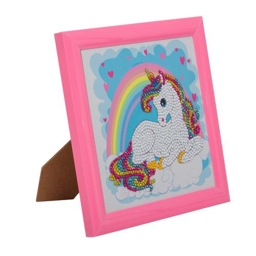 Create and frame your own adorable masterpiece with our new Crystal Art Frameables, a new series designed with children in mind. Our 6 super cute new designs come with an 18x18cm frame included, perfect for displaying proudly on a desk or any flat surface. Safe and suitable for children aged 6+, and EN-71 certified.Our Frameable kits take our crystal card concept a step further, by enabling you to create beautiful art to decorate your home or to give as a handmade gift. Each design has a numbered, adhesive template. Insert wax into the pick up pen (included), and use it to lift up the coloured resin crystals, placing them onto the corresponding numbered dots. The technique is a relaxing and therapeutic craft activity. The result is a stunning piece of rhinestone diamond art, which you can then display using the included coloured picture frames!
