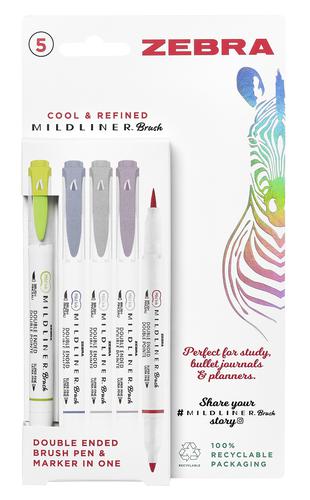 Zebra Mildliner Double Ended Brush Pen Assorted Cool and Refined (Pack 5) - 2692