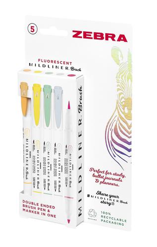 Zebra Mildliner Double Ended Brush Pen Assorted Fluorescent (Pack 5) - 2691